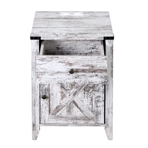 Betterhood Barnwood Rustic Farmhouse Nightstand With Charging Station, Side Table With Barn Door And Drawers, Weathered Oak Style End Table For Living Room Bedroom, White, 2 Pack #TOP4
