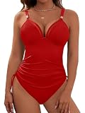 Dridreo Womens One Piece Swimsuit Slimming Tummy Control Modest Bathing Suit Metal Tie Knot Full Coverage Swim Suits Red L