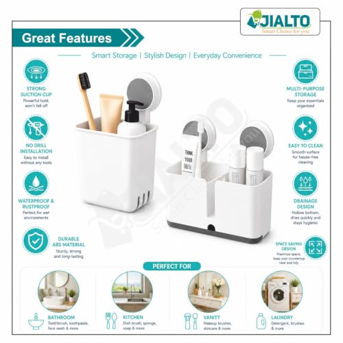 Image of JIALTO Wall Mounted Bathroom Organizer Storage Basket with Strong Adhesive, No Drill Bathroom Shelf, Multipurpose Toothbrush, Toothpaste, Soap & Cosmetic Holder, Waterproof Plastic Rack