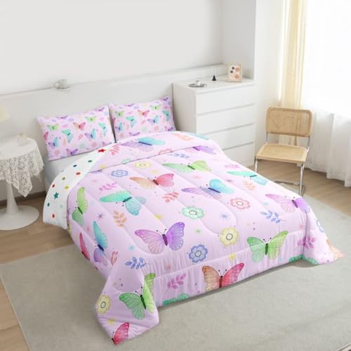 Image of Erosebridal Colorful Butterflies King Size Comforter Set for Kids Teens Adults,Rainbow Gradient Bedding Sets,Cute Cartoon Flower Duvet Insert,Garden Wildlife Quilt Bedroom Decor