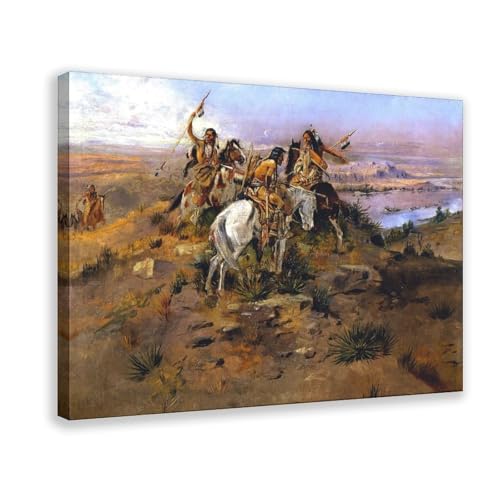 Impression sur toile indiens Lewis et Clark par Charles M. Russell cadre suspendu 50x76 cm