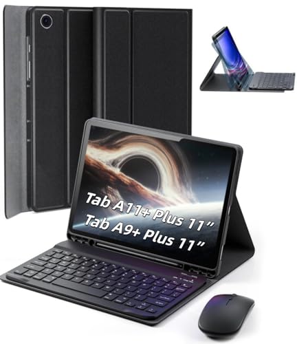 TUNKARMOR Case Keyboard for Samsung Galaxy Tab A9+ / A11+ Plus 2023/2025 11 Inch - Mouse and Detachable Magnetic Keyboard, Slim Case with S Pen Holder, Auto Sleep/Wake (Black)