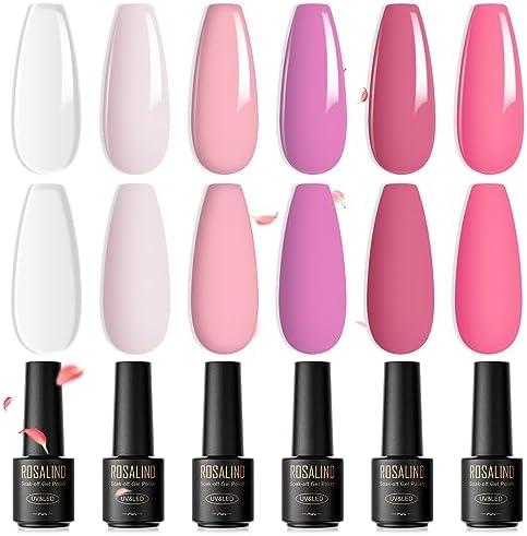 ROSALIND Pink Gel Nail Polish Set, 6 Colors Light Pink Cherry Blossom Soft Tones All Seasons Soak Off Long Lasting Milky White Gel Polish Starter Set DIY Design Salon Manicure Gift for Women Girls Beginners