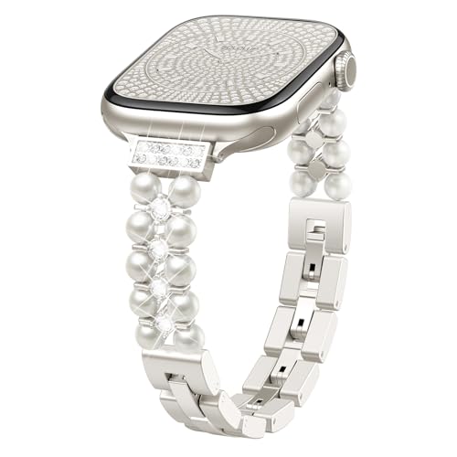 SOLOLUP Bracelet de Perles et Diamants pour Apple Watch 40 38 41 42 mm pour Femme, élégant Bracelet de Bijoux étincelants en métal pour iWatch Series 11 10...