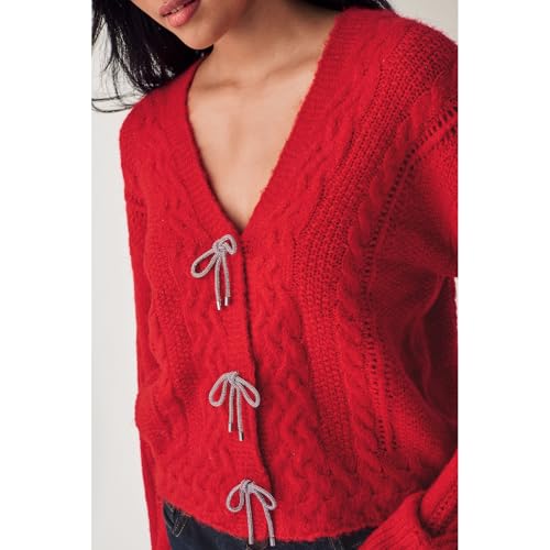 Image of Women Y2K Solid Color Knit Cardigan Long Sleeve V Neck Bow Button Open Front Sweater Top Vintage Going Out Knitwear