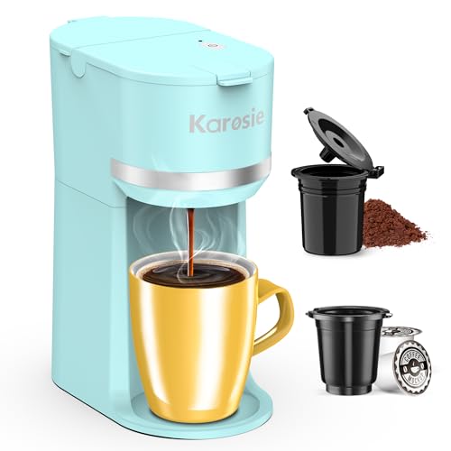 Image of Single Serve Coffee Maker for K-Cup and Ground Coffee,Fast Brew,6-12 oz Brew Sizes One Cup Coffee Machine Fits 5.5 inch Mugs,One-Button Coffee Maker with Descaling Reminder,Light Blue,9.45 Inches