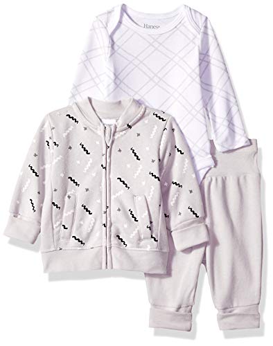 Hanes Ultimate Baby Flexy Jogger with Long Sleeve Bodysuit and Fleece Jacket, Grey Stripe, 0-6 Months