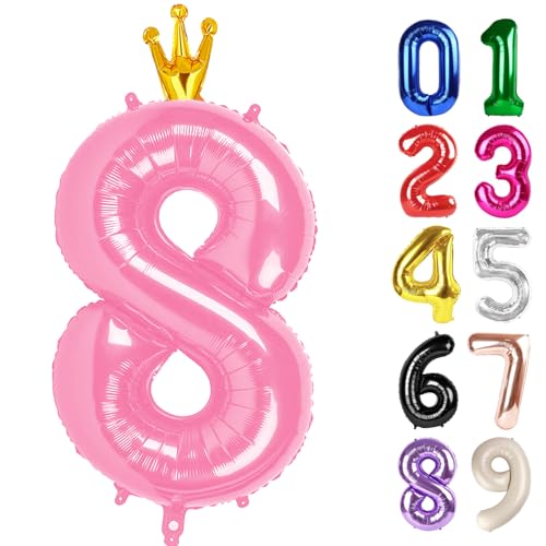 8 Balloon - Pink with Crown Birthday Number Balloons, 40 Inch Decorations
