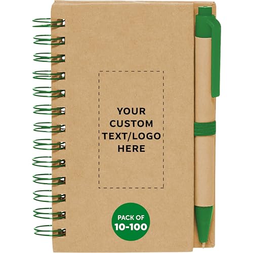 Custom Mini Spiral Notebooks with Black Ink Pens Set of 10/50/100, Personalized Bulk Pack - Perfect for School, Office, Business, Home - Green