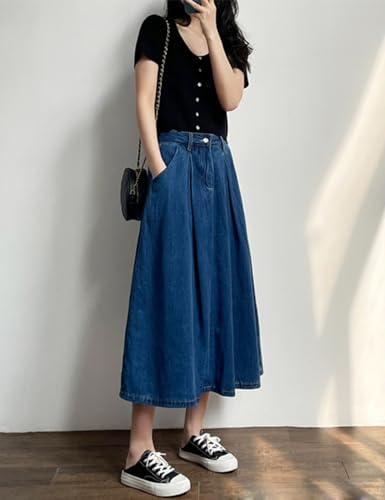 Kinghua Women's Casual A Line Flare Pleated High Waisted Long Jean Denim Skirt with Pocket4