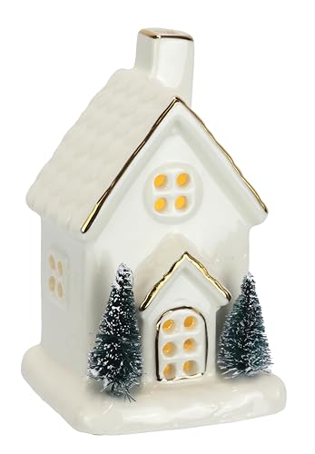 LED Porzellan Weihnachtshaus batteriebetrieben weiß Gold 13cm...