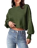 MEROKEETY Womens Oversized Cropped Sweaters Fall Slouchy Long Sleeve Ribbed Knit Side Slit Pullover Jumper Olive Medium