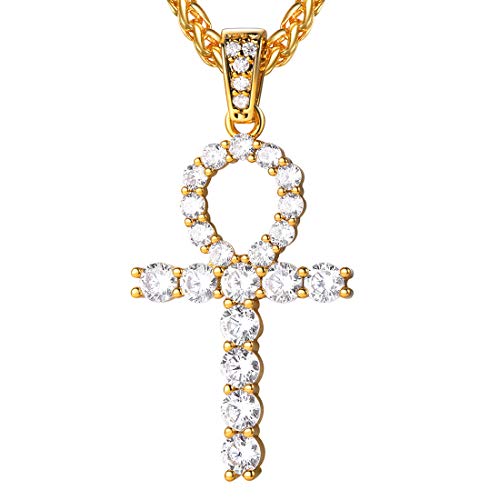 U7 Men Ankh Key Pendant Iced Out Full CZ Necklace with 18K Gold Plated Rope Chain 22 Inch Tennis Cross Pendants Egyptian Jewelry