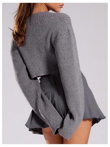 MakeMeChic Women's Zipper Cropped Cardigan Sweaters Long Sleeve Round Neck Rib Knitted Crop Tops2