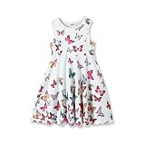 Girls Summer Dresses Butterfly Sleeveless Dress Casual Swing Pocket Sundresses (White, Girls Dresses
