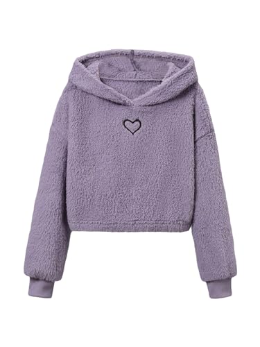 OYOANGLE Moletom feminino com capuz felpudo de manga comprida e ombro caído, Roxo empoeirado, 12 Ano