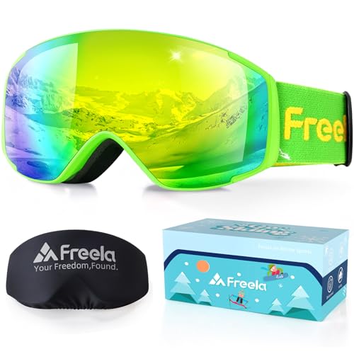 Freela Ski-Winterbrille, grüne Snowboardbrille für 4–6, 10–12, 8–12, 6–14, Kleinkinder, Kinder, Mädchen, Jungen, Jugendliche, Kinder, Anti-Beschlag-UV-Schutz, spiegelnde klare Schutzbrille