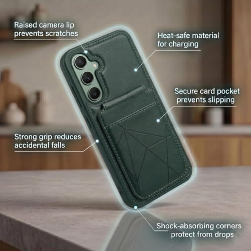 Image of amazon basics Premium Vegan Leather Back Cover with Card Holder and Integrated Mobile Stand for Samsung Galaxy S23FE 5G - Slim Shockproof Wallet Case with Geometric Stitching [Green]