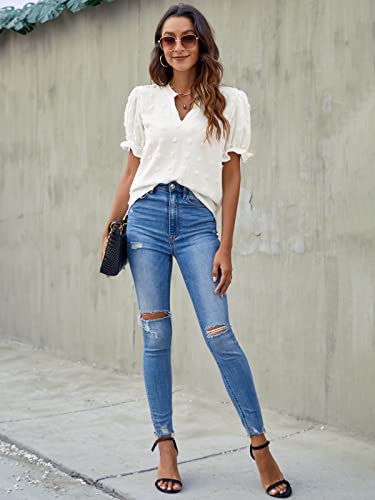 Blooming Jelly Women's Puff Sleeve Chiffon Blouses Casual Going Out Tops Solid Color Summer Shirts (White,Large) #TOP3