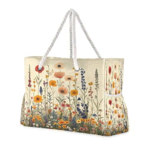 Herbal Wildflowers Beach Bag with Top Zipper Closure, Waterproof Pool Bag, Large Beach Tote for Women#358