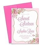 Floral Pink Sweet 16 Invitations with Envelopes, Personalized Sweet 16 Invites, Pink and Gold 16th Birthday Invitations for Girls, Your choice of Quantity, Info and Envelope Color