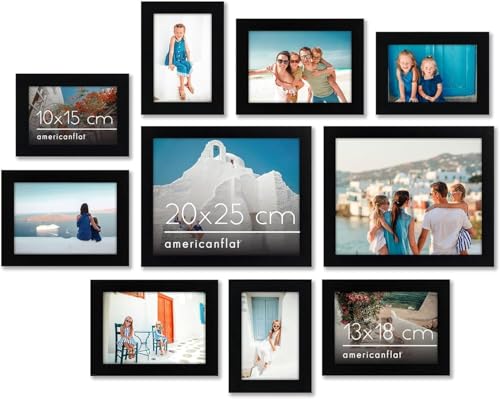 Americanflat Lot de 10 Cadres Photos - Cadre Photo Multiple avec Deux 20x25 cm, Quatre 13x18 cm et Quatre 10x15 cm- Décoration Murale et Collages avec Verre Résistant aux Chocs - Noir