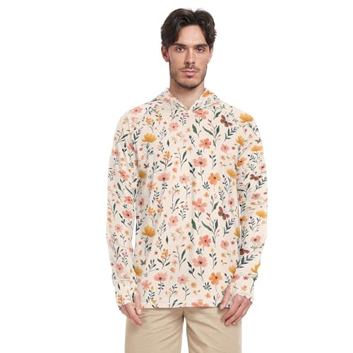 Wudan Autumn Flowers Hyacinths Butterflies Mens Hoodies Shirts Long Sleeve Swim Shirts Swim Shirt UPF 50+ S