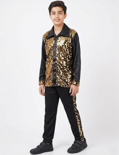 Image of BookMyCostume Western Dance Costume for Boys - Black & Golden Sequin Collared Shirt & Pants Set | Annual Day Dance Dresses & Fancy Dress for Stage Shows & Performances | 10-12 Years
