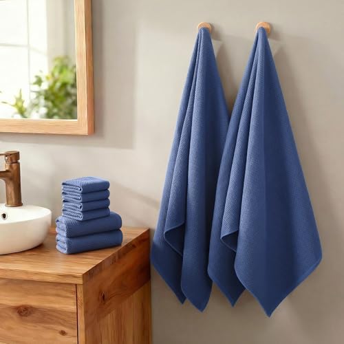 REDKISS 8 Piece Waffle Weave Towel Set - 100% Cotton Lightweight & Quick Dry - Highly Absorbent for Bathroom, Spa, Home, 2 Bath Towels, 2 Hand Towels, 4 Washcloths - Blue - Thumbnail 2