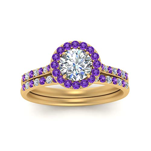 Image of Choose Your Gemstone Round Halo Ring with Matching Pave Band Yellow Gold Plated Round Shape Wedding Ring Sets Everyday Jewelry Wedding Jewelry Handmade Gifts for Wife US Size 4 to 12