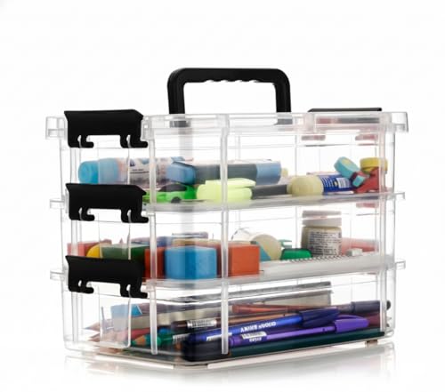Image of Plastic Boxes for Storage Transparent Boxes, Portable & Stackable Space Saving Organiser with Lid for Medicine, Jewelry, Arts & Crafts, Buttons, Beads (Black, 4 Tier)