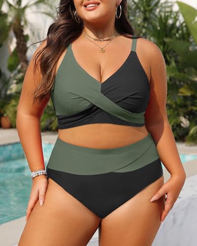 Image of Tempt Me Plus Size High Waisted Two Piece Swimsuit Color Block Bikini Set | Removable Padded Cups for Large Bust, Twist front Design, Color Block Style, Adjustable Straps
