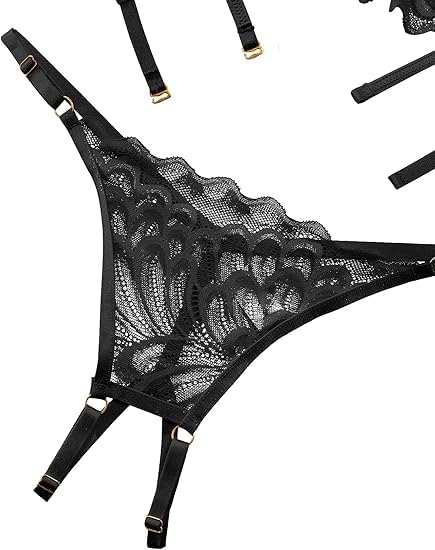 Image of Lilosy Women's Sexy Underwire Floral Lace Sheer Lingerie Set See Through Bra and Panty 4 Pieces Pasties Black X-Large