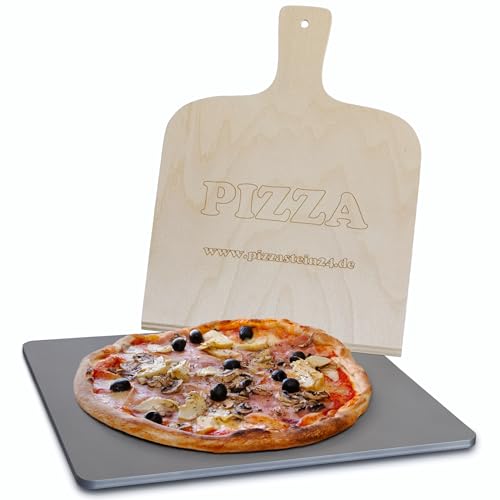 Pizzastahl für Backofen und Grill, gestrahlter Backstahl 38x33 cm, 8 mm Dicke, mit Pizzaschaufel - für perfekte Pizza und Brot wie aus dem Steinofen - Pizzastein aus Stahl