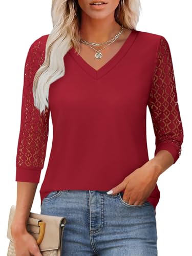 Spring Tops for Women V Neck Blouse with 3/4 Sleeve Lace Detail Dressy Casual Womens Tops for Work Office Everyday Wear Travel Red X-Large
