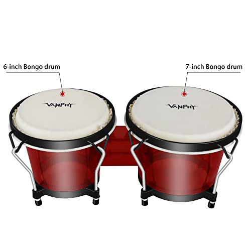 Vanphy Bongo Drum Set For Kids Beginners, Natural Adult Bongos With Tuning Wrench, Transparent Bongo Drums 6" And 7" Tunable,Percussion Bongo Drum Natural Animal Hides Metal (Red) #TOP1