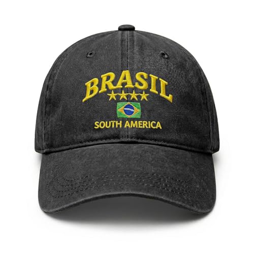 GANGXCHEN Brazil Flag Hats for Men & Women Adjustable Baseball Caps Brasil South America Star Embroidered Hat(Black)