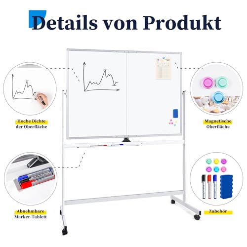 maxtek Pizarra Blanca Móvil 150 x 120 cm, Pizarra Magnética Marco de Aluminio de Doble Cara, con Marcadores, Imanes, Borrador de Pizarra para escuela en casa, oficina - imagen 5