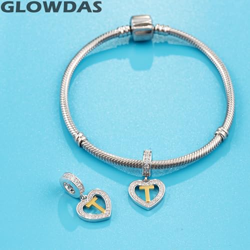 Image of GLOWDAS 18K Gold Plated Letter Charms Initial A to Z Necklace Pendant, 925 Sterling Silver CZ Heart Dangle Alphabet Beads fit European DIY Bracelet, Gifts for Valentiens /Christmas /Family