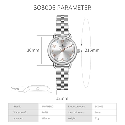 Image of Sapphero Ladies Watch Easy to Read Wristwatch, Women's Quartz Watch with Stainless Steel Strap, 5 ATM Waterproof, Classic Elegance Women Business Waterproof Watch