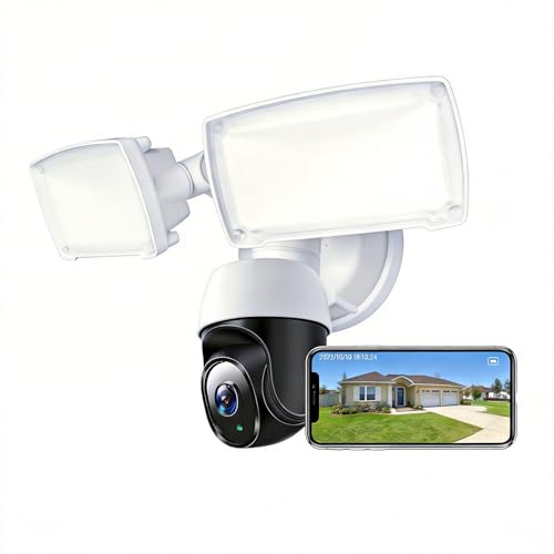 PTZ Security Camera with Floodlight 360 Auto Tracking 1080P 2500 Lumens Color Night Vision Weatherproof 90dB Siren Includes 64GB TF Card & Plug-in Adapter