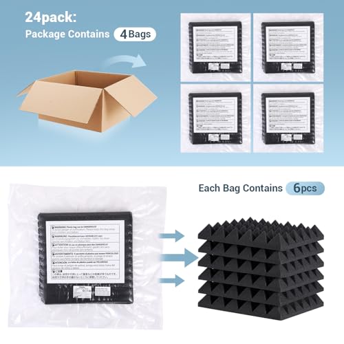 Ohuhu Akustikschaumstoff Akustikpaneele 24 Stück mit Aufkleber, 30 x 30 x 5 cm Pyramidenplatten Schallschutz Wand Schallschutzplatten Schalldämmung für Tonstudio Podcasts Youtube-Zimmer, Anthrazit