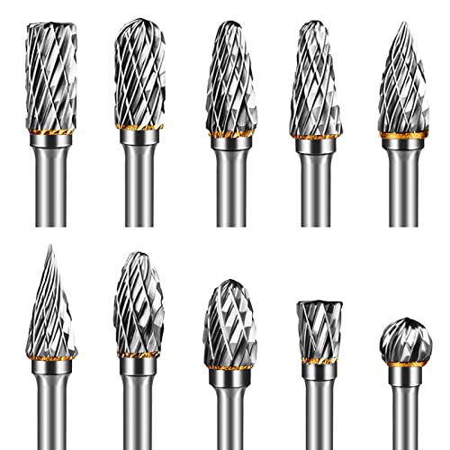 Hakkin 10PCS Double Cut Carbide Burr Set 1/8” Shank Drill Bits Tungsten Carbide Rotary Burr Set for Woodworking, Drilling, Metal Carving, Engraving, Polishing Compatible with Dremel Rotary Tool