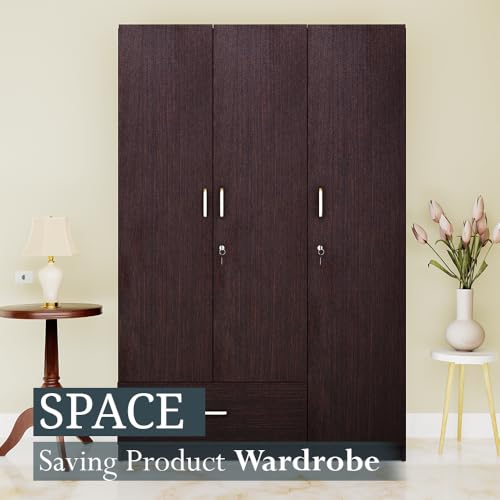 Image of VIKI Wardrobe | Wooden Almirah for 3 Door Wardrobe with 1 Drawer & Hanging Space (Dark Wenge - 40D x 120W x 180.8H) | 1 Year Warranty | Free Assembly