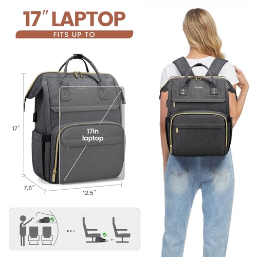 Image of LOVEVOOK Laptop Backpack for Women,17 Inch Professional Womens Travel Backpack Purse Computer Laptop Bag Nurse Teacher Backpack,Waterproof College Work Bags Carry on Back Pack with USB Port,Dark Grey