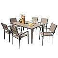 Devoko Patio Dining Set 7 Piece Outdoor Furniture with Rectangular Table and 6 Stackable Chairs Family Conversation Set for Garden Backyard Deck (Brown)
