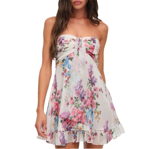 Women Sexy Hollow Out Sun Flower Print Strapless Mini Elegant Off Shoulder Mesh Slim Short Dress