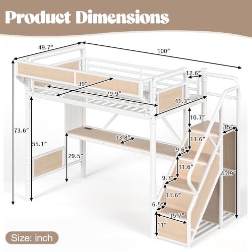 Image of Bellemave Twin XL loft Bed with Storage Stairs, Wardrobe, Shelves, Metal Twin XL Loft Bed Frame for Adults, Kids, Teens, White+Natural Wood with Stairs