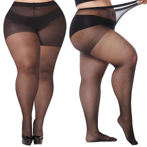 Buauty Plus Size Sheer Tights for Women, 20D High Waist Black Pantyhose Stockings for women Control Top Resistant(1 pair