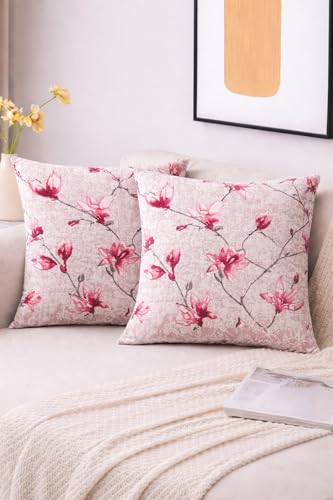 Image of Floral Throw Pillow Cover 18x18 Inch Set of 1, Square, Decorative Cushion Cover for Sofa Couch Bed, Vintage Flower Pillowcase for Living Room Bedroom Home Decor (Only Cushion Cover- Pink)
